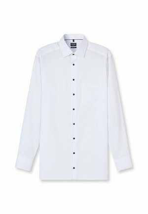 Weißes Langarmhemd mit schwarzen Knöpfen, spitzem Kragen und einer Brusttasche. Glatte Textur, Standardpassform.