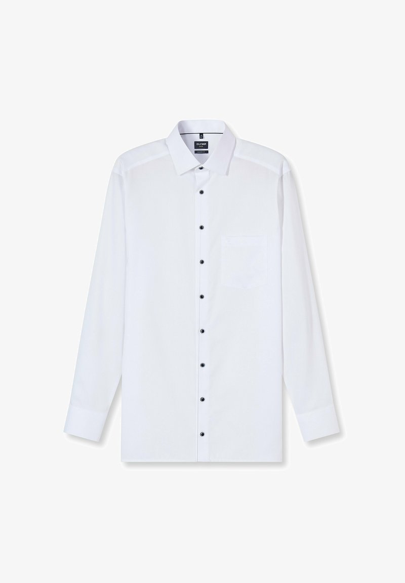 Weißes Langarmhemd mit schwarzen Knöpfen, spitzem Kragen und einer Brusttasche. Glatte Textur, Standardpassform.