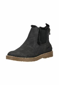 Black suede ankle boot with elastic side panels, faux fur lining, and a textured rubber sole. Features a zipper for easy entry.