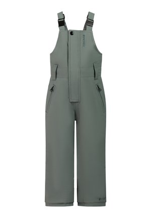 Pantalon salopette gris imperméable avec bretelles réglables, rabat avant avec bouton et poches latérales zippées.