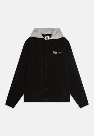 Black jacket with gray hood, featuring a button closure and two side pockets. "ELEMENT" logo in white on the chest. Smooth fabric texture.
