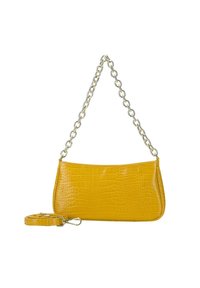 Borsa a tracolla gialla con stampa a coccodrillo, dalla texture liscia e lucida, dotata di catena dorata e tracolla removibile.