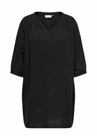 Black, oversized blouse with a V-neck, 3/4 length sleeves, and textured fabric. Relaxed fit with side slits for ease of movement.