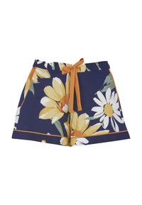 Bloemen shorts met een marineblauwe achtergrond, gele madeliefjes en witte bloemmotieven, voorzien van een elastische tailleband en een oranje koord.