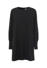 Abito a camicia nero a maniche lunghe con sottili righe verticali, scollatura rotonda e polsini aderenti con dettagli a bottoni.