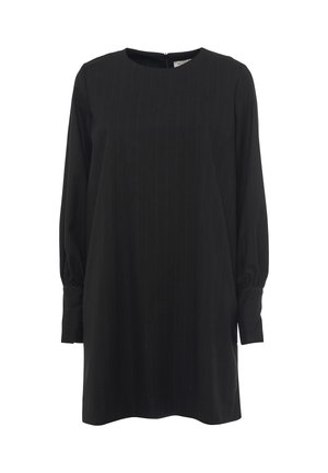 Robe noire à manches longues avec des rayures verticales subtiles, encolure ronde et poignets ajustés avec détails de boutons.