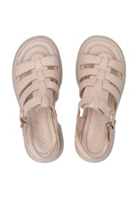 Beige leren sandalen met geweven banden, ronde neus en verstelbare gesp. Gedeelte met textuur in de binnenzool en een gladde buitenzool. Merkennaam "Venezia" aan de binnenkant.