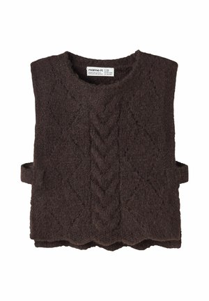Gilet sans manches en tricot marron foncé avec motif torsadé et bandes latérales, plié à plat sur fond blanc.
