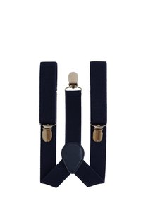 Marinblå hängslen i vävt tyg, med metallklämmor och en läderplatta i mitten. Justerbar design för anpassad passform.