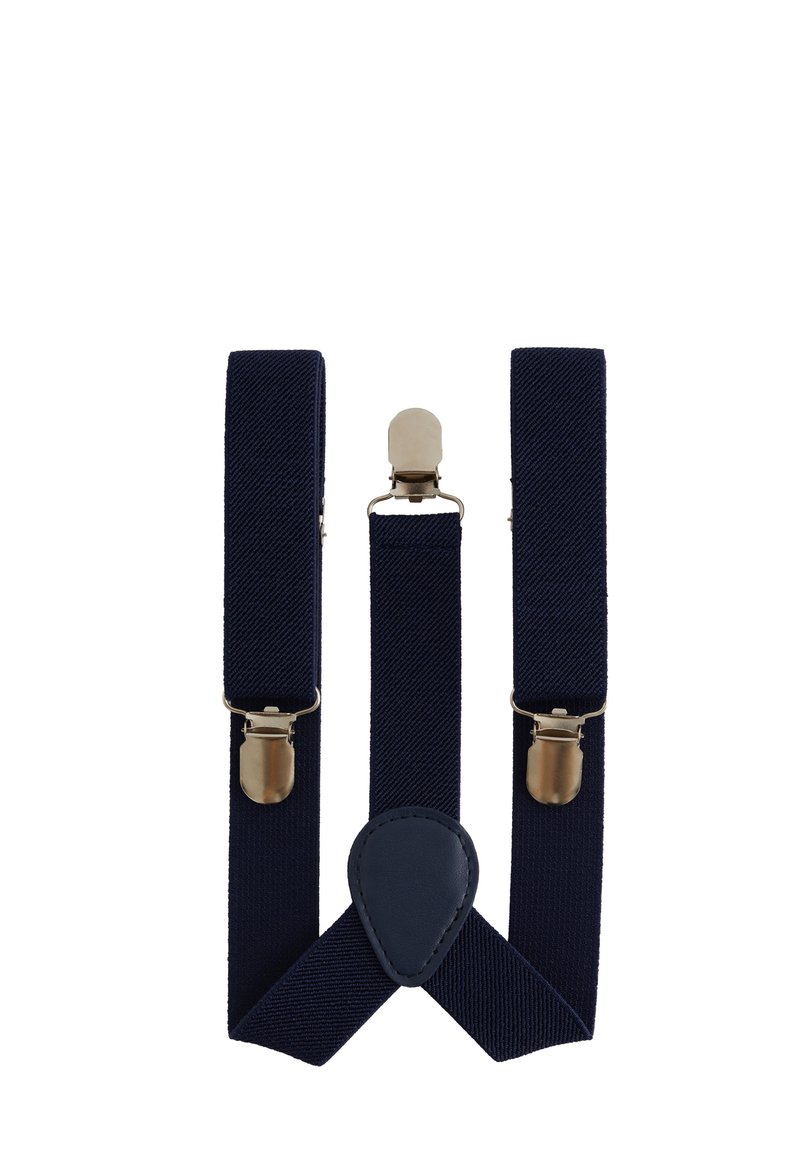 Marinblå hängslen i vävt tyg, med metallklämmor och en läderplatta i mitten. Justerbar design för anpassad passform.
