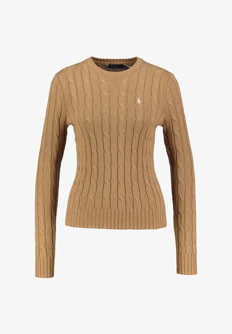 Καμπανανής καλύβα πλέξης με μακριά μανίκια και στρογγυλή λαιμόκοψη, με μικρό κεντημένο λογότυπο στο αριστερό στήθος.