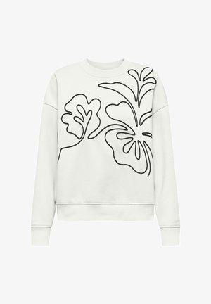 Witte sweatshirt met een ronde hals, voorzien van zwarte abstracte bloemrijke borduursels. Het materiaal lijkt zacht en heeft geribbelde boorden en zoom.