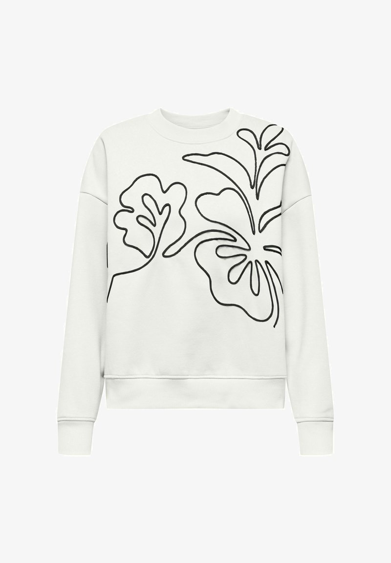 Sweat-shirt blanc à col rond, orné d'une broderie florale abstraite noire. Le matériau semble doux avec des poignets et un ourlet côtelés.