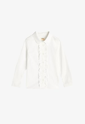 Hvid langærmet skjorte med en rynket frontplacket, krave og knaplukning. Glat tekstur med skræddersyet design.