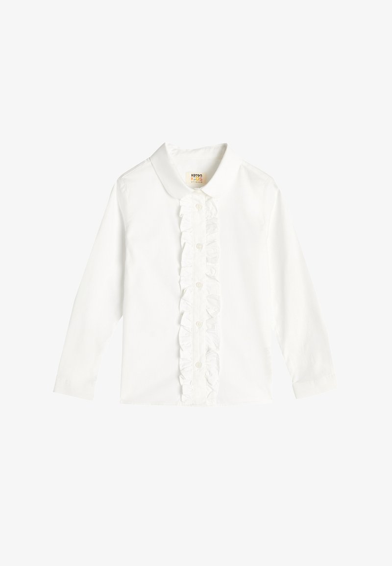 Biała koszula z długim rękawem z falbaniastym przodem, kołnierzykiem i zapięciem na guziki. Gładka faktura z dopasowanym krojem.