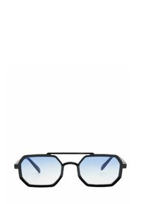 Occhiali da sole ottagonali neri con lenti blu sfumate e un sottile ponte di collegamento. Presentano aste nere diritte. Finitura lucida senza disegni.