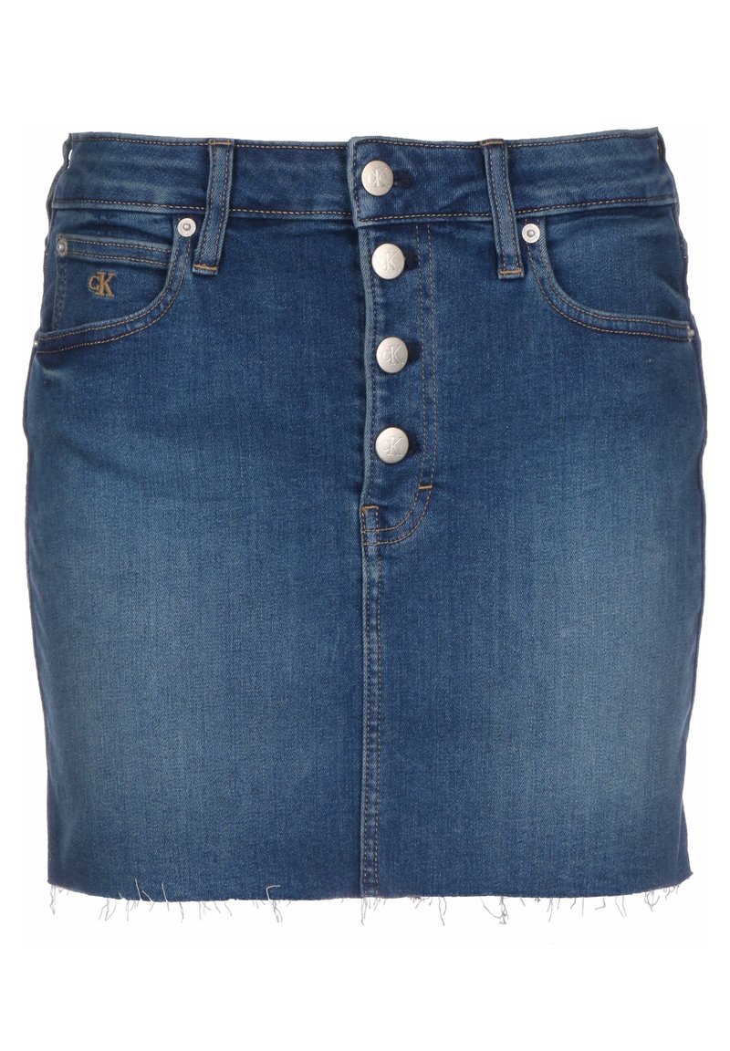 Jeanskjol med en figurnära design, mörkblå tvätt, fem silverfärgade knappar framtill och fransad nederkant. Två fickor fram.