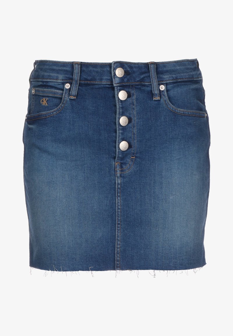 Denim skirt with a fitted design, dark blue wash, five silver button front closure, and frayed hem detail. Two pockets on the front.