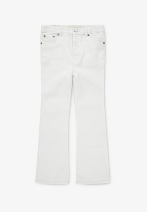 Baltas izplūdušas džinsi ar denimam līdzīgu tekstūru, kuriem ir piecas kabatas, priekšējais pogas aizdare un sudraba metāla naglas, kas izceļ dizainu.