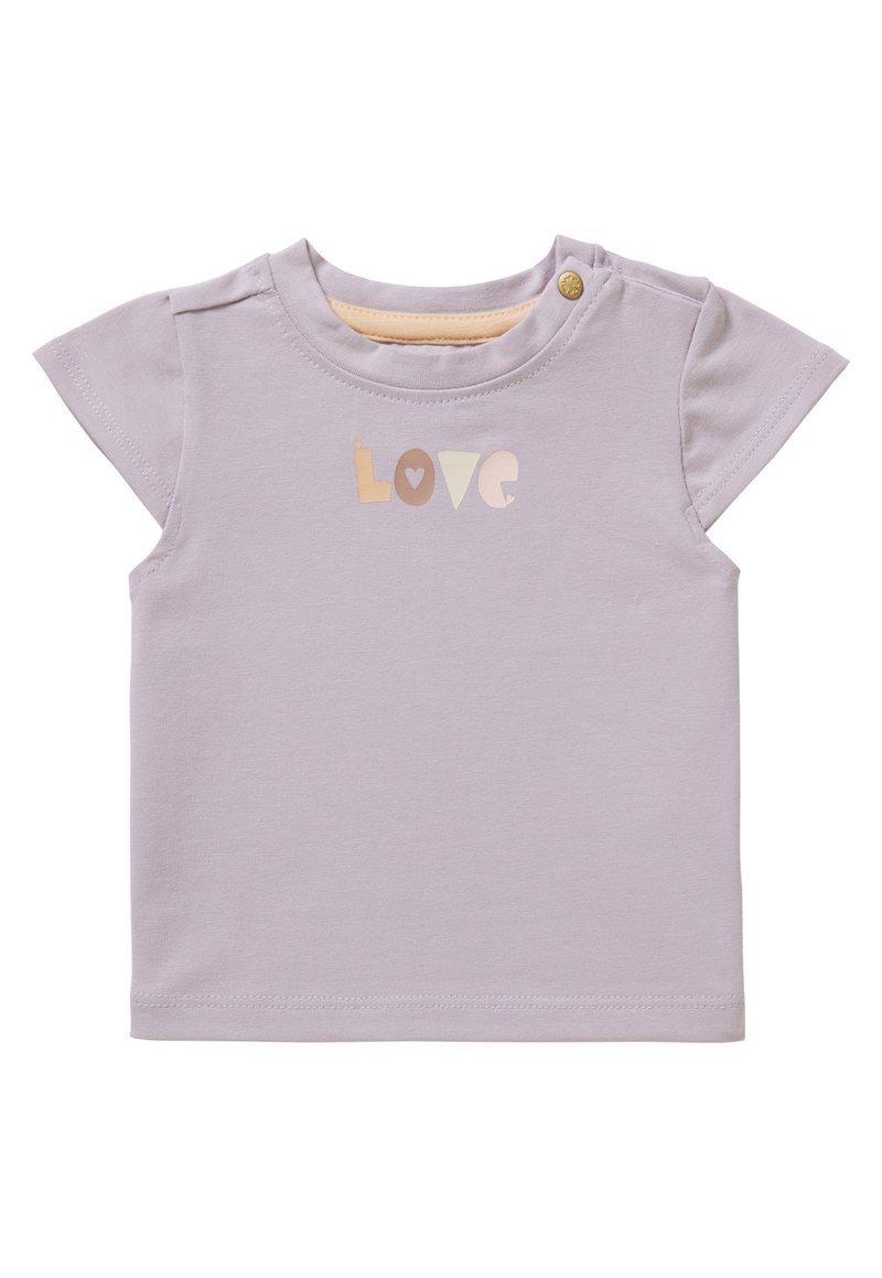 Lila peuter T-shirt met korte mouwen, knoopschouder en het woord "Love" in pastelkleuren op de borst gedrukt.