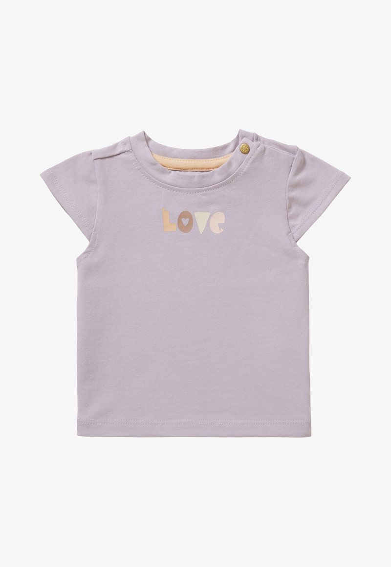 Lila peuter T-shirt met korte mouwen, knoopschouder en het woord "Love" in pastelkleuren op de borst gedrukt.