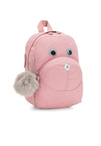 Zaino rosa con forma rotonda e morbida, caratterizzato da grandi occhi mobili, una tasca con zip e un portachiavi con pompon soffice. Realizzato in tessuto leggero.