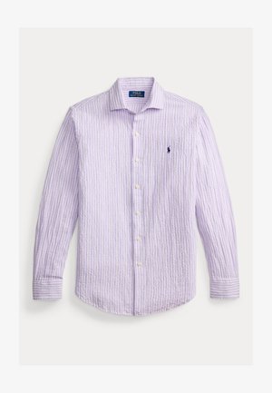 Camicia a maniche lunghe con bottoni a righe verticali lilla chiaro e bianche con logo Polo Ralph Lauren ricamato sul petto a sinistra.