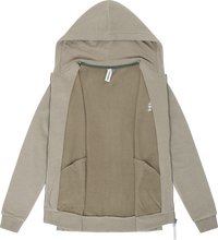 Light beige hooded zip-up jacket with soft fleece lining and two inner pockets, laid flat with front open.