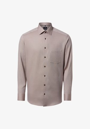 Beige Herrenhemd mit langen Ärmeln, spitzem Kragen, durchgehender Knopfleiste, Brusttasche und dunklen Knöpfen.