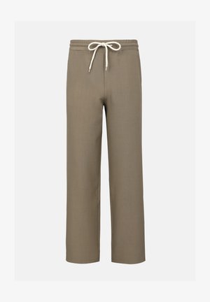 Svetlo rjave široke hlače z elastičnim pasom in belim vrvico za zategovanje, z ravnimi hlačnicami, brez vidnih žepov ali vzorcev.