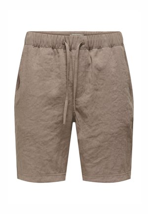 Shorts en mélange de lin beige, avec une taille élastique, un cordon de serrage ajustable et des poches latérales ; tissu texturé avec un aspect froissé.
