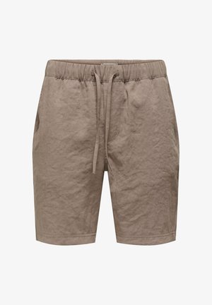 Helle, leinenartige Shorts mit einem elastischen Bund, verstellbarem Kordelzug und Seitentaschen; strukturierter Stoff mit einem zerknitterten Aussehen.