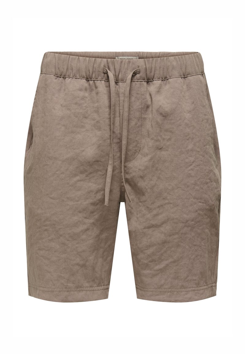 Helle, leinenartige Shorts mit einem elastischen Bund, verstellbarem Kordelzug und Seitentaschen; strukturierter Stoff mit einem zerknitterten Aussehen.