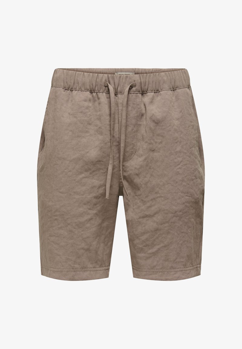 Helle, leinenartige Shorts mit einem elastischen Bund, verstellbarem Kordelzug und Seitentaschen; strukturierter Stoff mit einem zerknitterten Aussehen.