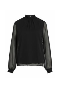 Blusa nera con collo alto e dettagli arricciati. Maniche lunghe e trasparenti con polsini elastici. Orlo dritto, texture liscia.