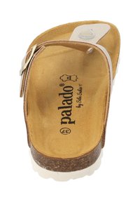 Palado sandalen met bruine leren band, witte teenpost en gestructureerde kurken voetbed; heeft een witte zool en gegraveerd logo.