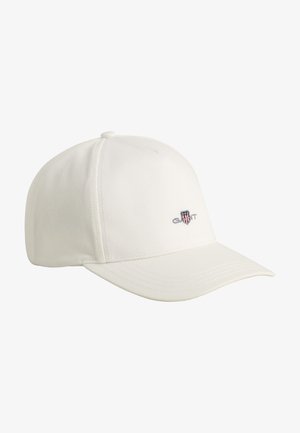 Cappello bianco realizzato in tessuto liscio con una visiera curvata. Presenta un piccolo logo ricamato sul davanti, progettato con una forma strutturata classica.