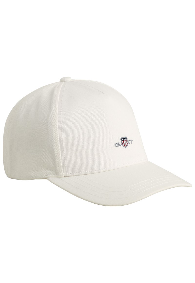Weißes Cap aus glattem Stoff mit einem gebogenen Schirm. Verfügt über ein kleines gesticktes Logo auf der Vorderseite und ist in einer klassischen, strukturierten Form gestaltet.