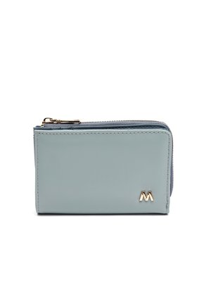 Light blue leather wallet with a zip closure, featuring a subtle "M" logo in gold on the front. Smooth texture and rectangular shape.