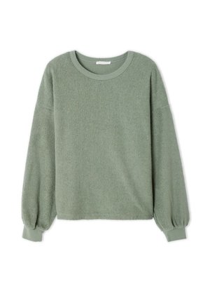 Groene, zachte sweatshirt met een ronde hals, lange mouwen en elastische manchetten. De stof is textuurgegeven met een pluche afwerking. Eenvoudig ontwerp zonder patronen.
