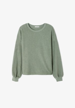 Zelen potiskan pulover z okroglim izrezom, dolgimi rokavi in elastičnimi manšetami. Tkanina je teksturirana z mehkim zaključkom. Enostaven dizajn brez vzorcev.