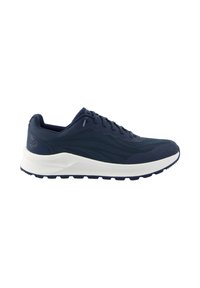 Marineblaue Sportschuhe mit strukturiertem Mesh-Obermaterial, weißer Zwischensohle und gemusterter Außensohle. Verfügt über Schnürsenkel und dezente Markenkennzeichnung an der Ferse.