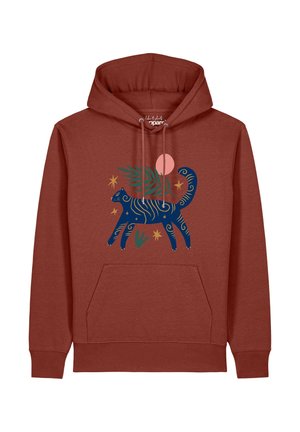 Rostfarbener Hoodie mit einem blauen stilisierten Katzenmotiv, grünen Blättern, einem pinken Kreis und gelben Sternen auf der Vorderseite bedruckt.