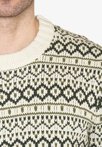 Striktrøje med rund hals, prydet med en cremet bundfarve og grønne geometriske mønstre, der fremhæver tekstur og et traditionelt design.