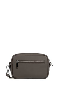 Borsa a tracolla rettangolare in pelle grigia scura. Caratterizzata da una tasca anteriore con zip e hardware argentato. Texture liscia con elementi di design minimi.