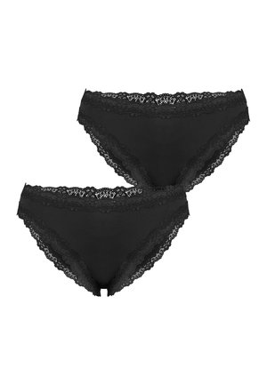 Zwei schwarze Damen-Bikinislips mit Spitzenbesatz auf weißem Hintergrund.