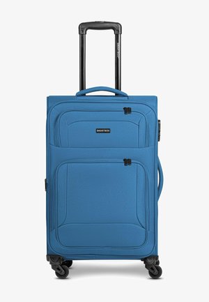 Maleta azul vertical de concha blanda con asa telescópica, dos bolsillos frontales con cremallera, asas laterales y superiores, y cuatro ruedas giratorias.