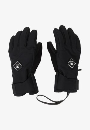 Czarne rękawice o eleganckim designie, wykonane z wytrzymałego materiału. Posiadają teksturowane akcenty oraz naszywkę z logo w okolicy nadgarstka. W zestawie regulowany pasek.