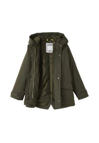 Dunkelgrüne Kapuzenjacke für den Außenbereich mit Frontreißverschluss, Druckknöpfen und großen Taschen, offen vor einem weißen Hintergrund gezeigt.