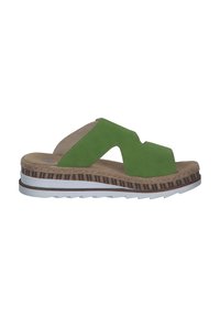 Grøn slip-on sandal med to brede remme, en tekstureret platform med brune og sorte striber, samt en hvid gummisål.